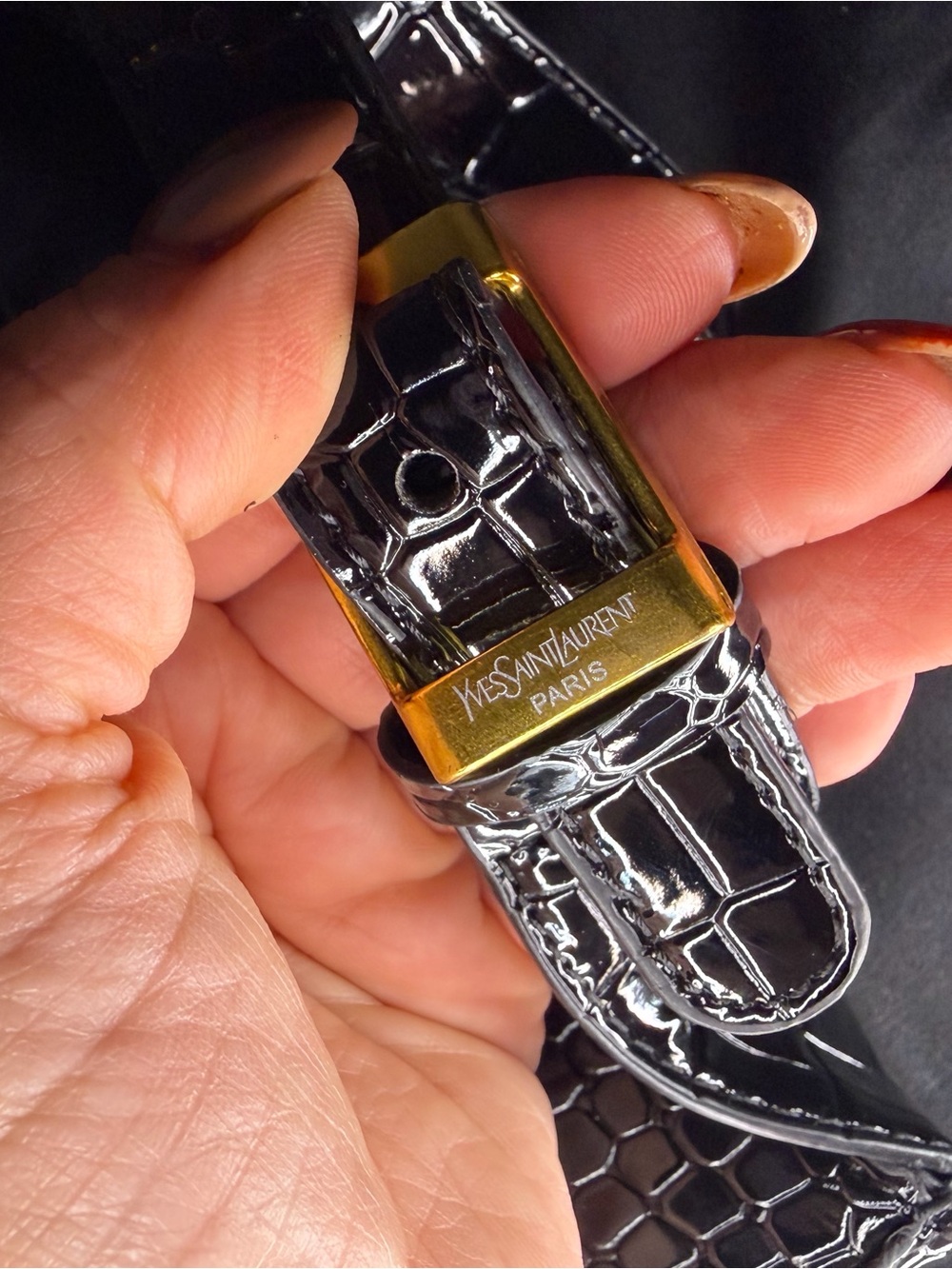 Yves Saint Laurent Black Patent Leather Strap with Gold Buckle